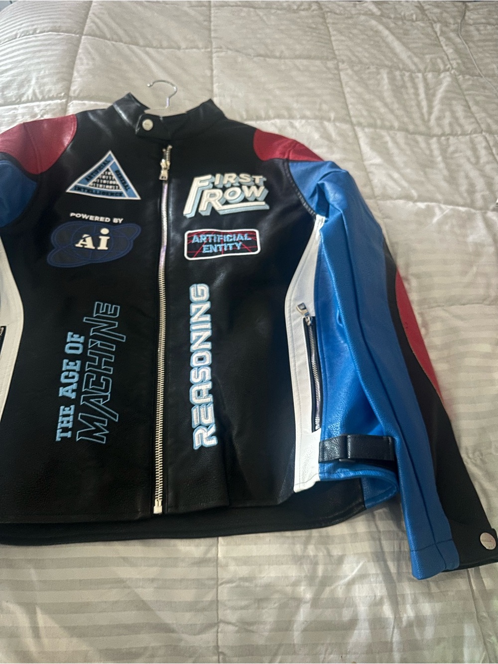 First Row Black Multicolor Moto Jacket with Graphic